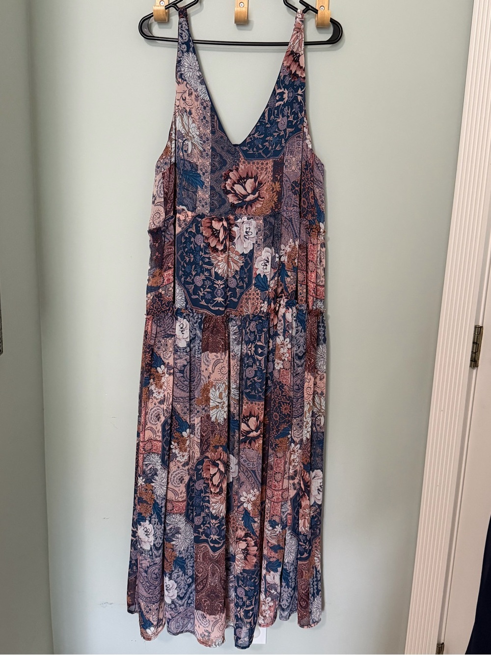 Maurices 1X Navy and Blush Patchwork Floral Maxi Dress